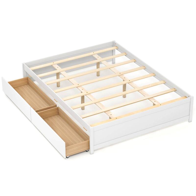 Costway Full/Queen Size Wooden Platform Bed with 2 Rolling Storage - White-Queen