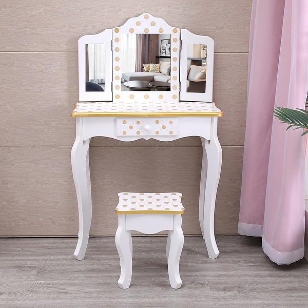 slide 2 of 11, Kids Three-Fold Mirror Dressing Table Vanity Table Set Yellow Dots