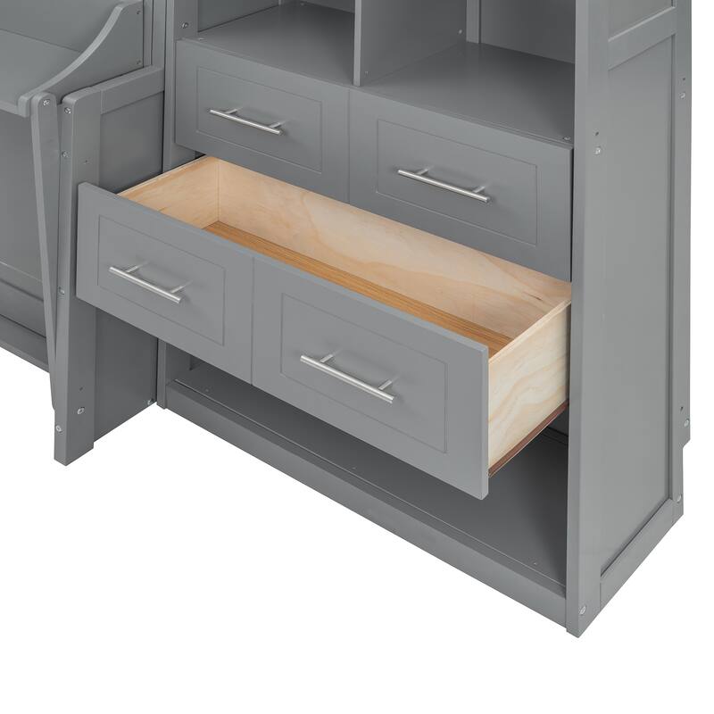 Space-Saving Queen Murphy Bed with Built-in Closet, Drawers and Shelves in Gray/White