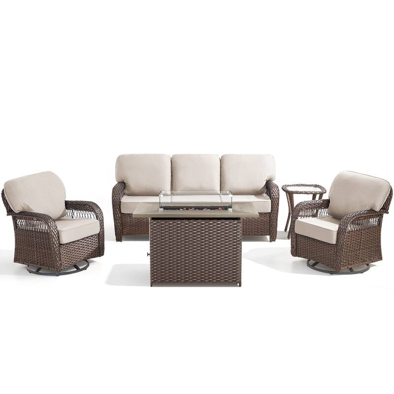 Pocassy Patio Sofa Ottoman Swivel Chair Table with Fire Table Funiture Set.