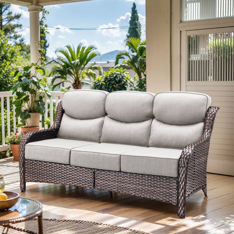 Arcadia 3-Seat Handwoven Wicker Patio Sofa with 6-Inch Thick Cushions - Beige Cushions - Brown Wicker