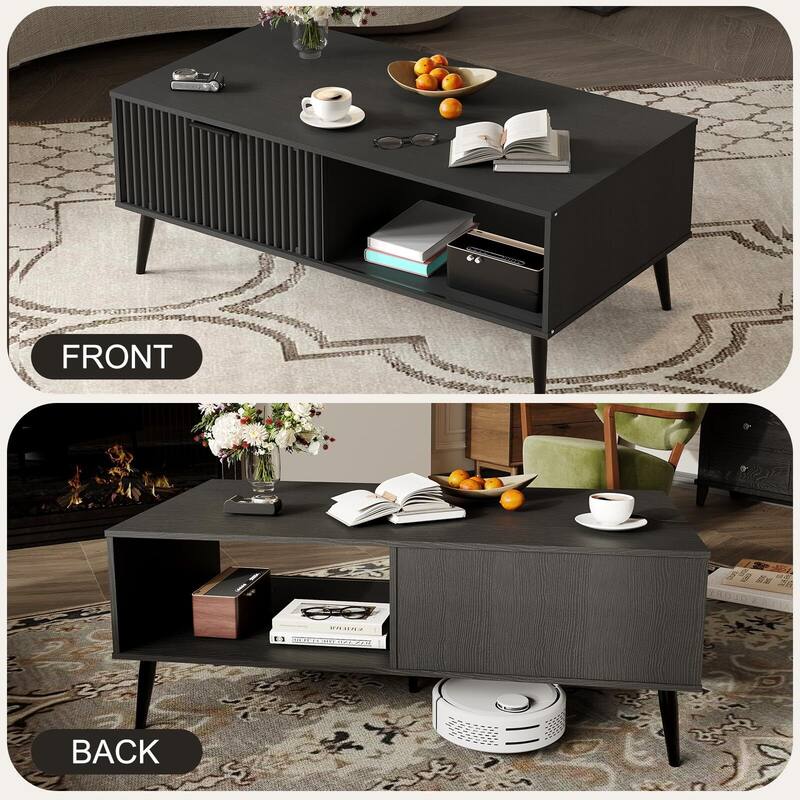 Coffee Table with Storage, 2-Tier Wooden Coffee Table with Sliding Door,