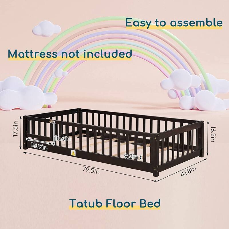 Twin/Full/Queen Size Floor Bed with Safety Guardrails, Toddler Floor Bed for Girls and Boys