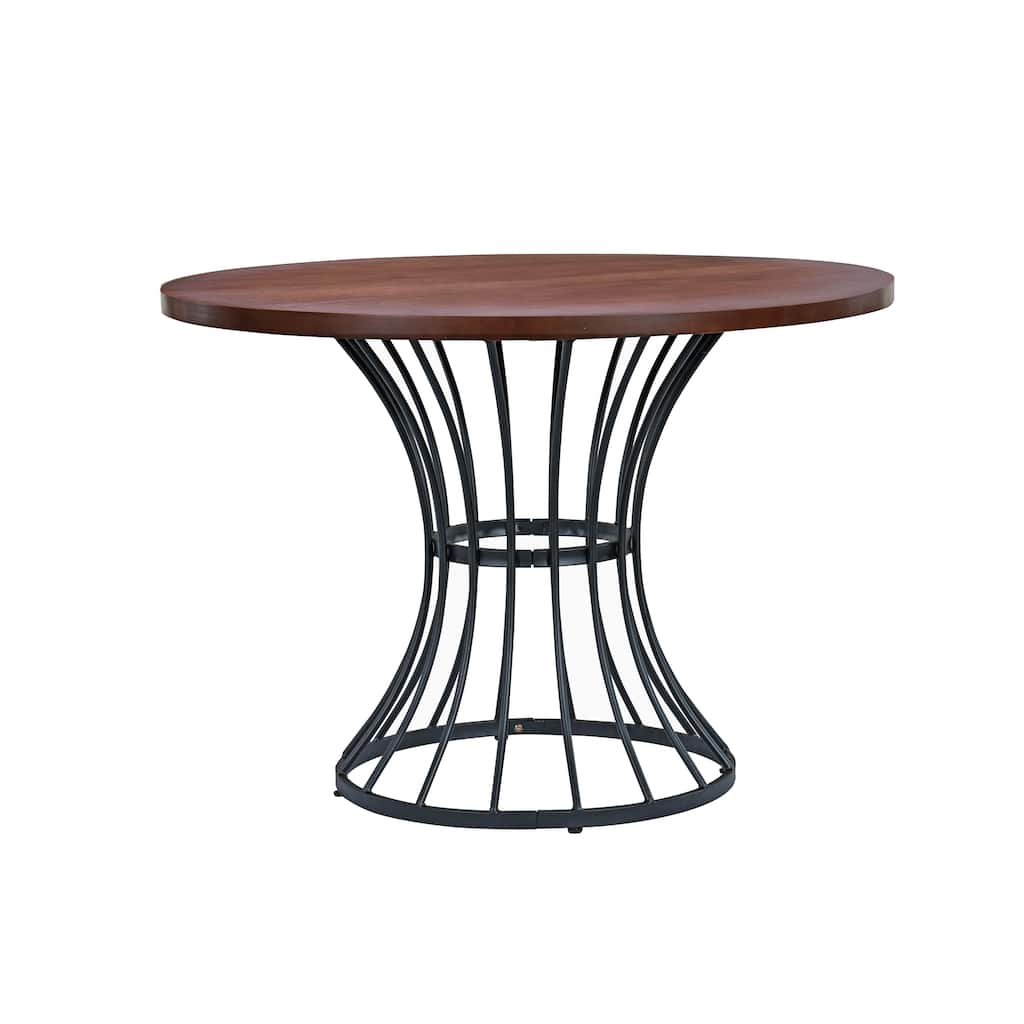 Oak Veneer 42" Round Dining Table - Solid Wood-Look Top, Heavy-Duty Wrought-Iron Pedestal Base - Black,Brown Oak