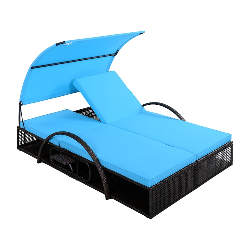 Outdoor Steel Frame Sun Lounger with Adjustable Backrest,Patio Double Sunbed