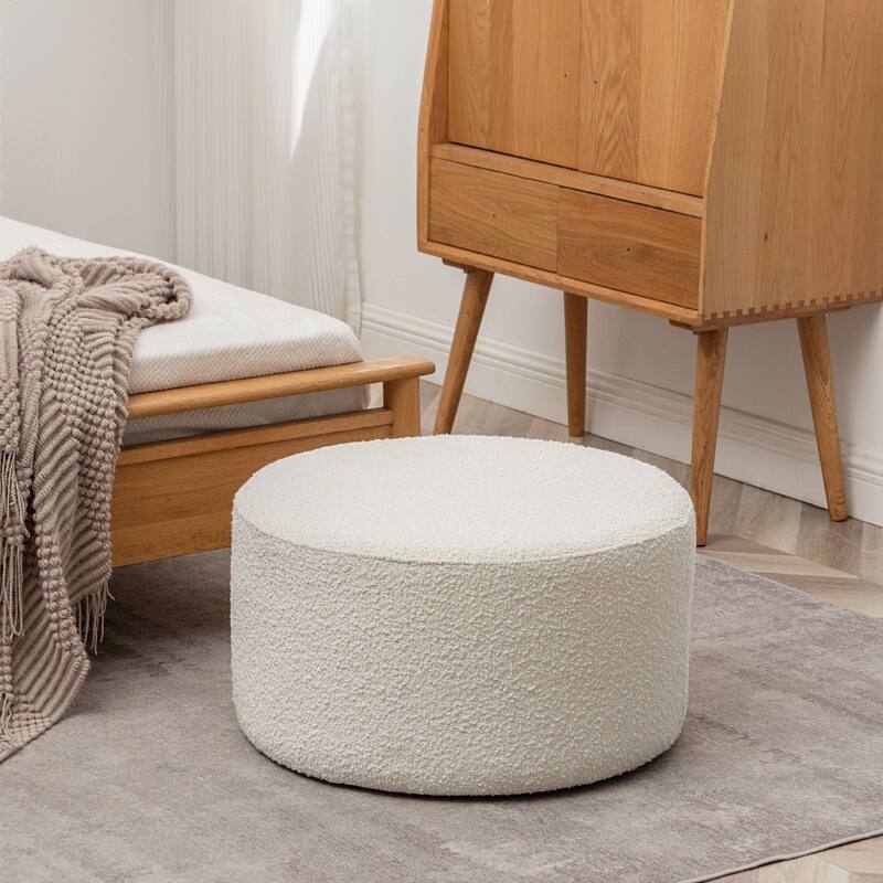 KINWELL Round Upholstered Pouf Ottoman Footrest - 24'x 24'x 13' - Boucle White 24"