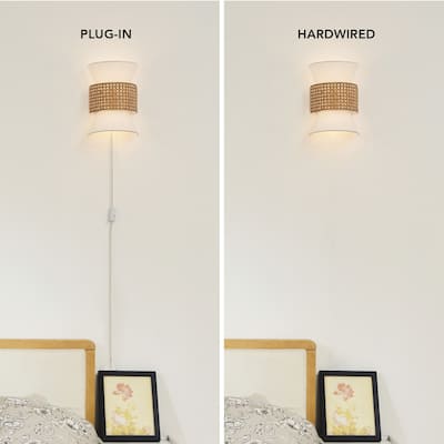 Ayla 2-Light Plug-In or Hardwire Wall Sconce with White Fabric Shade and Rattan Accent - one size