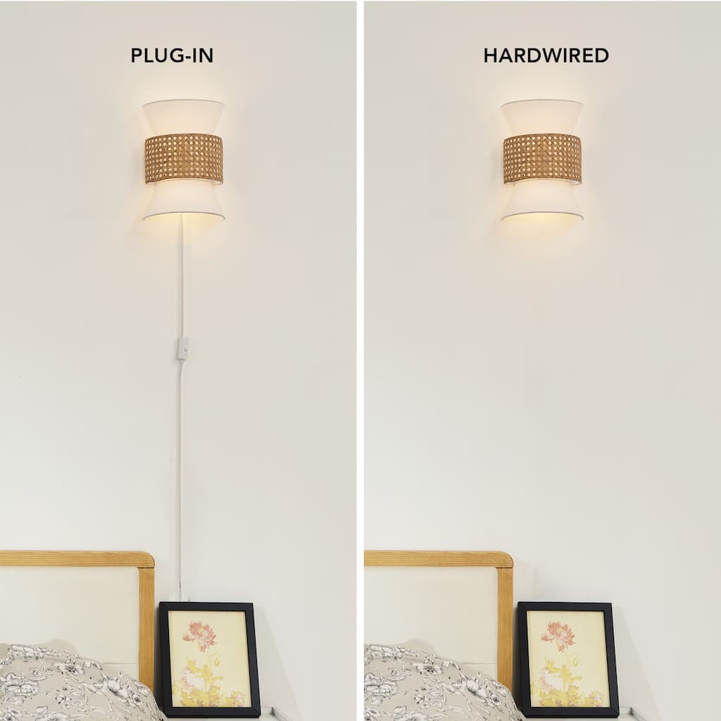 Ayla 2-Light Plug-In or Hardwire Wall Sconce with White Fabric Shade and Rattan Accent - one size