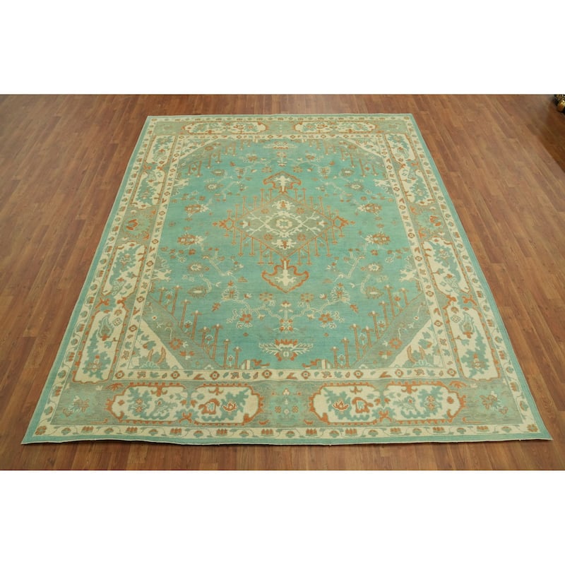 Handmade Wool Oushak Turkish Area Rug, Floral Geometric Carpet - 10' 0'' X 8' 3''
