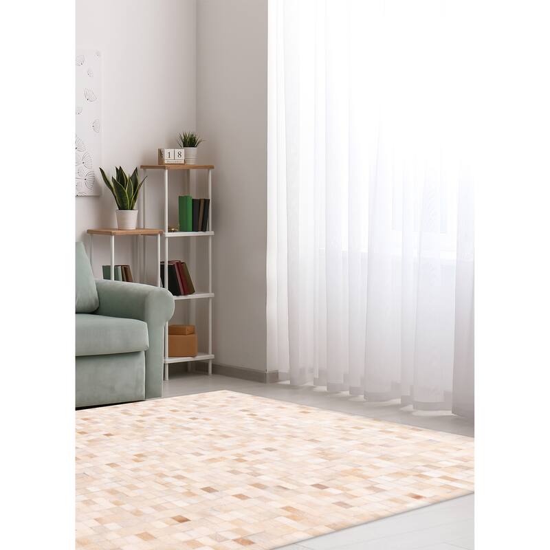ECARPETGALLERY Handmade Cowhide Patchwork Beige Leather Rug - 6'1 x 6'0