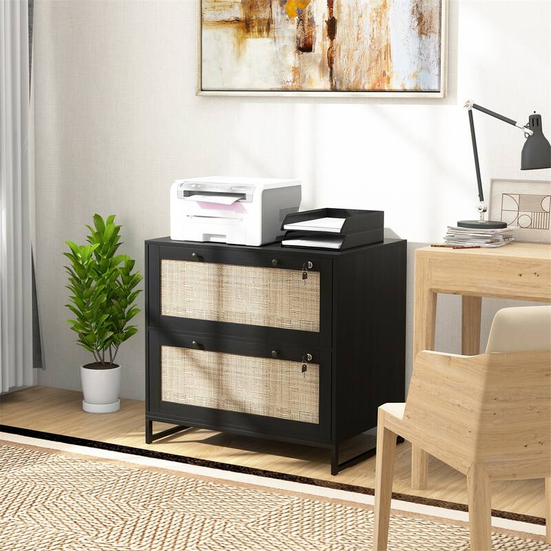 Modern Black Filing Cabinet with Lockable Drawers and Tabletop Storage and Adjustable File Bar
