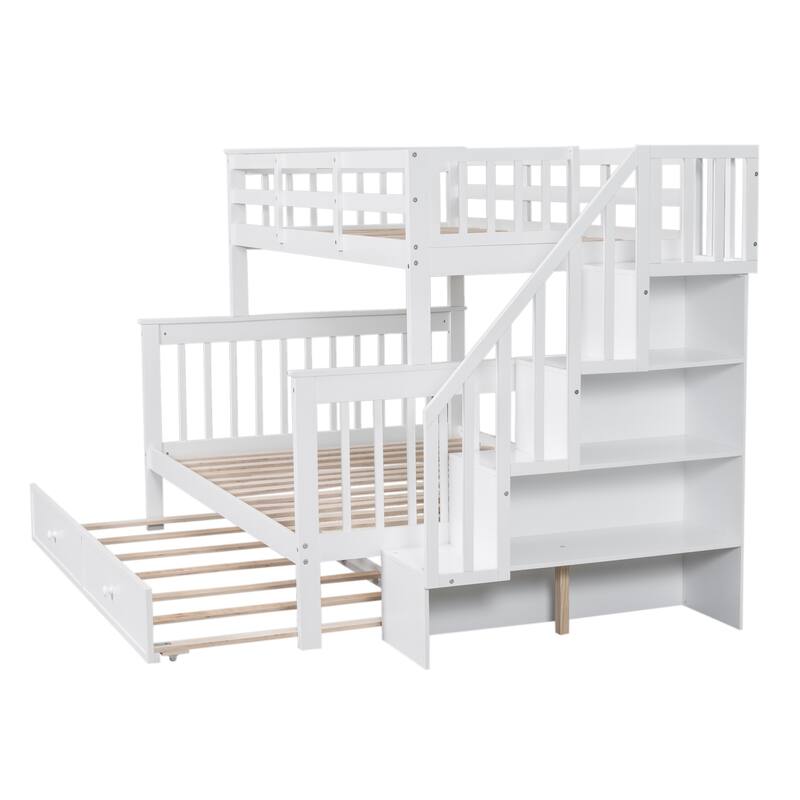 Twin-Over-Full Bunk Bed with Trundle, Storage, and Guard Rail for Bedroom or Dorm