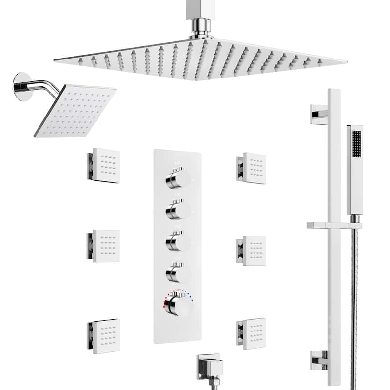 GRANDJOY Thermostatic Bathroom Shower Combo Kit, Dual Showerheads with Handheld and Pressure Balance Control - Chrome