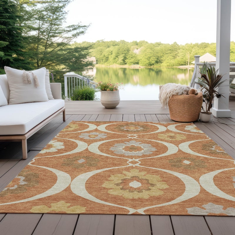 Machine Washable Indoor/ Outdoor Chantille Floral Geo Rug - Paprika - 5' x 7'6"