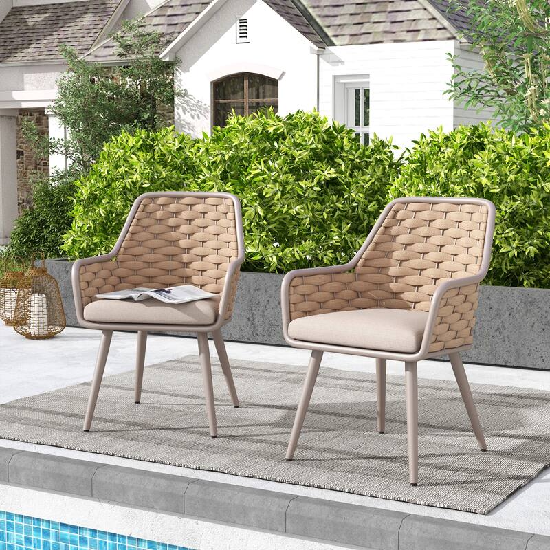Outdoor 2-Piece Metal Arm Dining Chairs With Cushions - Begie