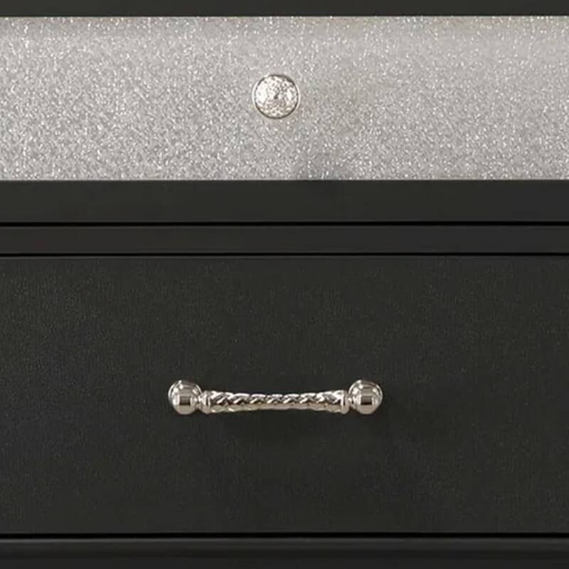 Lexi Nightstand, 2 Drawers, Silver Handles and Knobs, Black Veneer