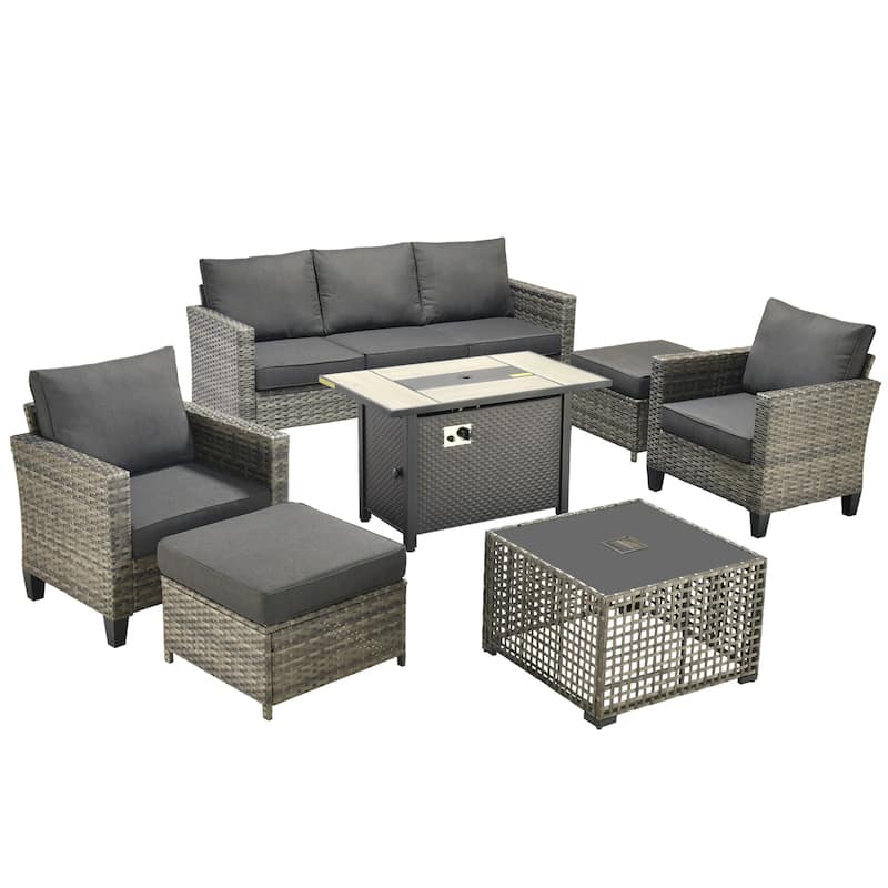 OVIOS 7 Pieces Patio Furniture Set with Solar-Powered Table & Fire Pit