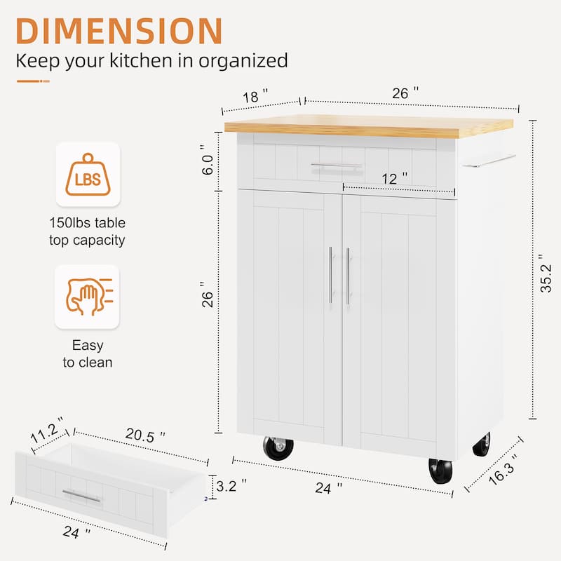 Rolling Kitchen Island with Storage Cabinet & Drawer – Extra Counter Space for Kitchen