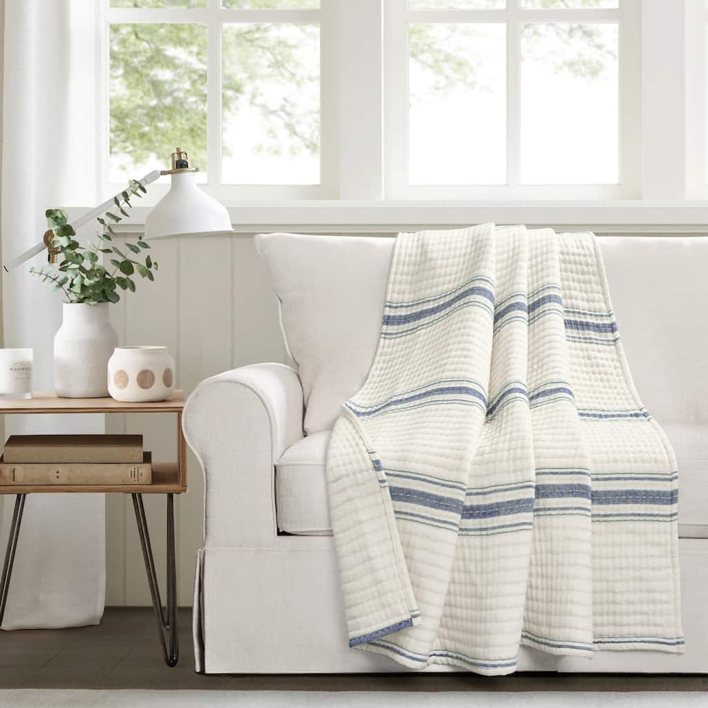 Lush Decor Farmhouse Stripe Kantha Pick Stitch Yarn Dyed Cotton Woven Throw Blanket