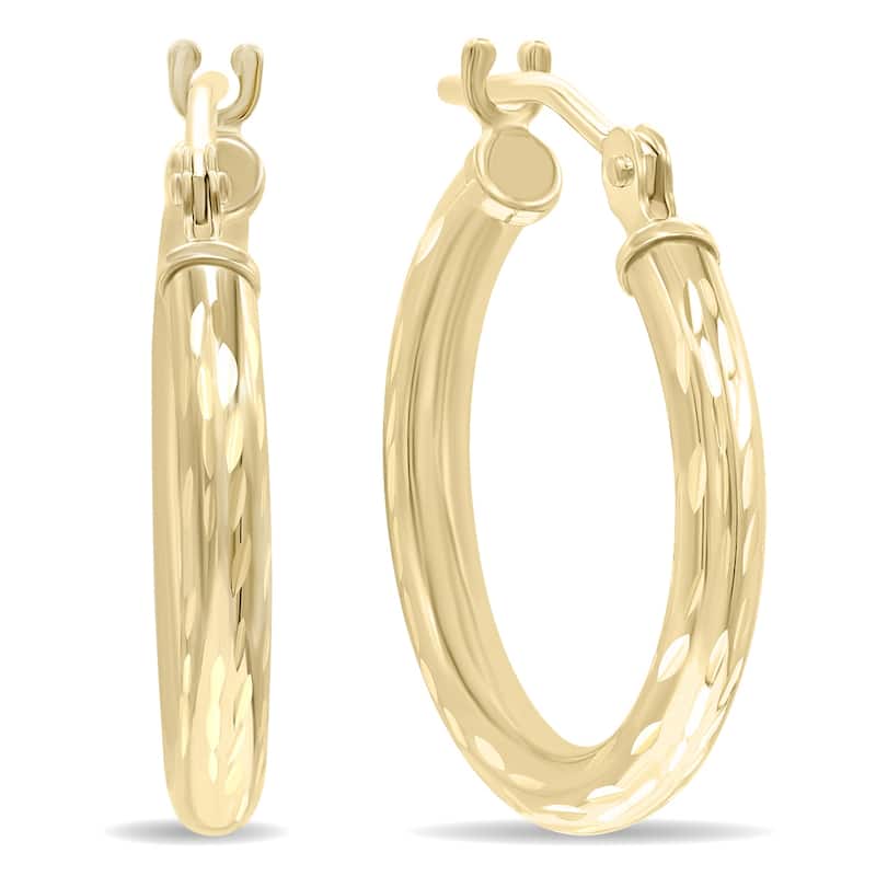 Marquee Jewels 14K Yellow Gold Shiny Diamond Cut Engraved Hoop Earrings (16mm)
