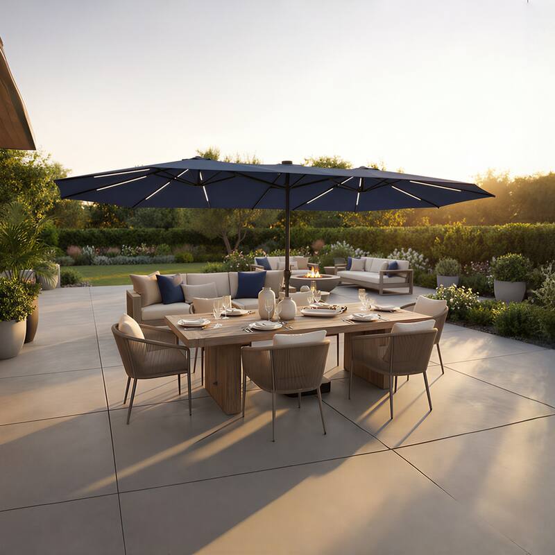 15FT Solar LED Double-Sided Patio Umbrella with Base, 12 Light Strips, 2000mAh