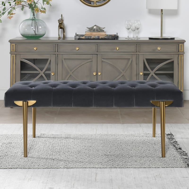Aria Glam Velvet Upholstered Tufted Gold Accent Entryway Bench