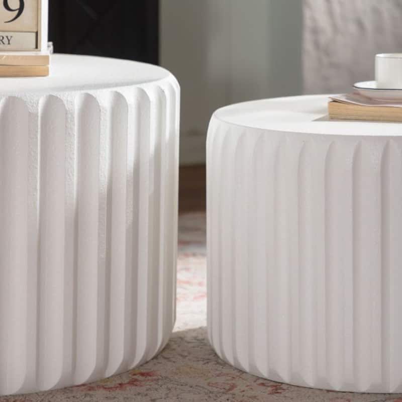 White Scalloped Round Coffee Table Set: Nesting Design, Elegant Curved-Edge Shape for Cozy Living Room Styling
