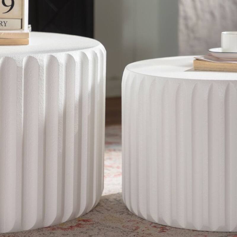 White Scalloped Round Coffee Table Set: Nesting Design