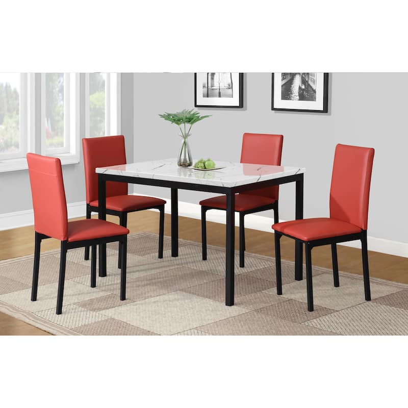 Roundhill Furniture Citico Metal 5-PC Dinette Set - White Table - Red Chair