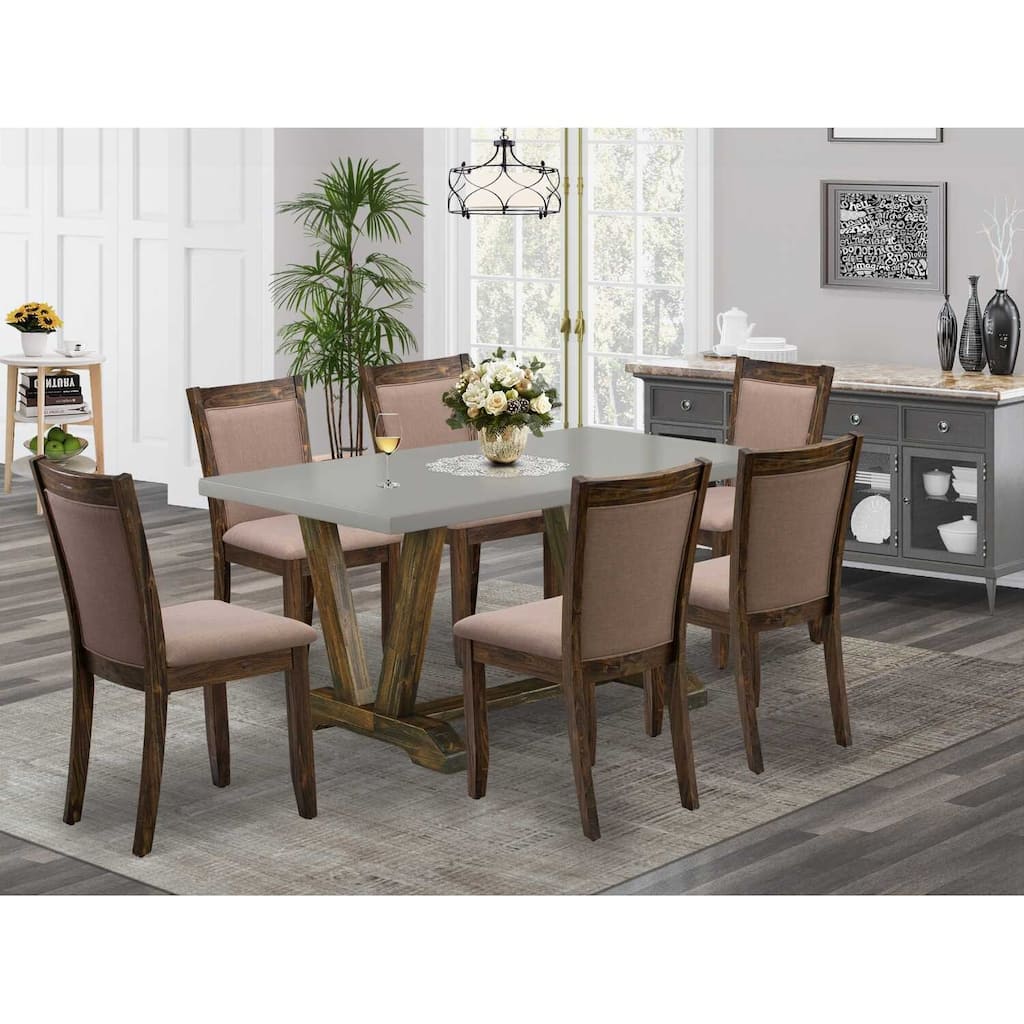 HomeStock 7-Piece Distressed Jacobean Finish Solid Wood Top Dining Table with 6 Parson-Chairs
