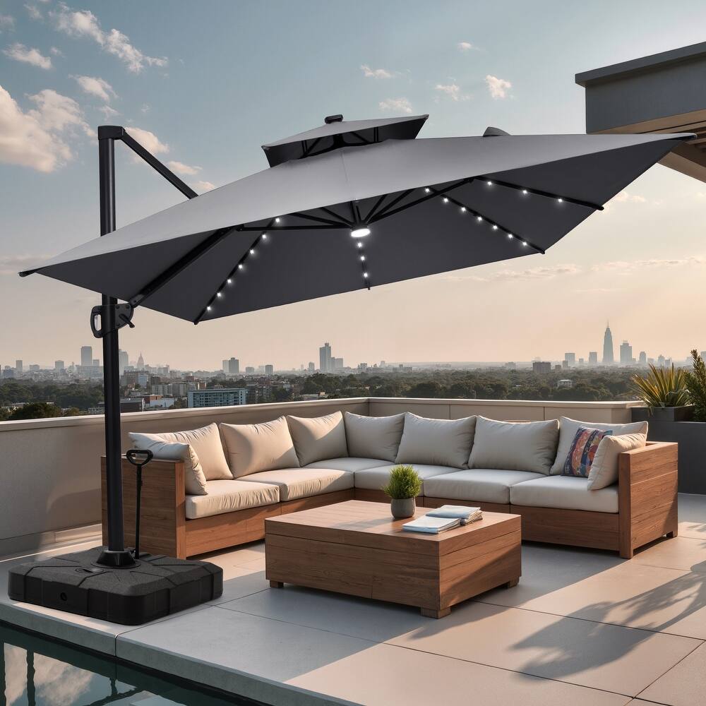 9 X 11 FT Outdoor Patio Cantilever Umbrella with Solar Lights Rod Wheel Base Double Canopy 360 Rotation Tilt