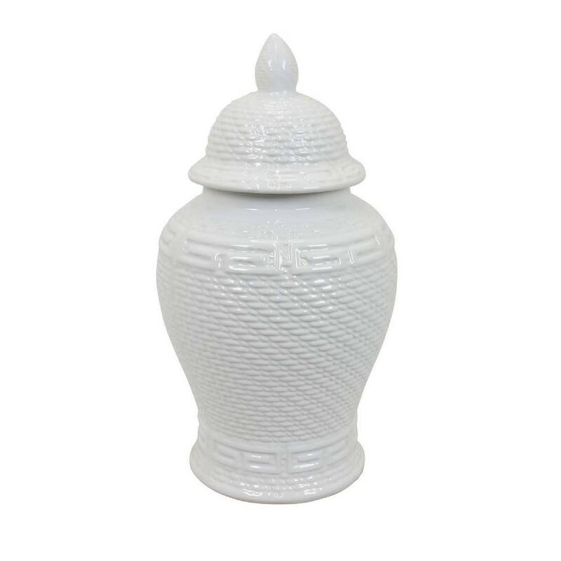 Bryan 18 Inch Ceramic Temple Jar Geometric Print Finial Top White On