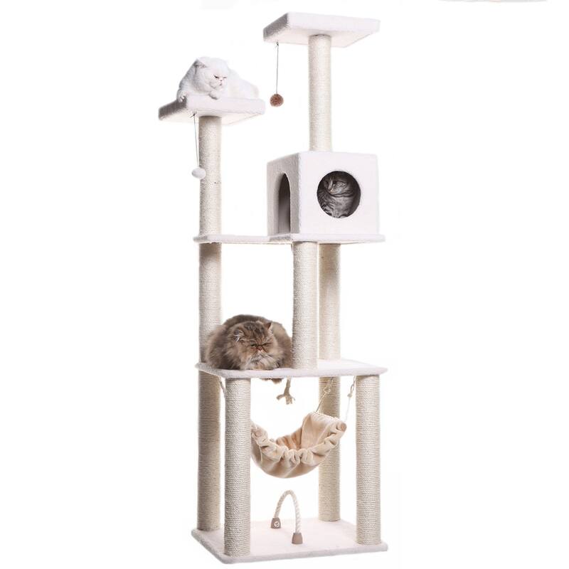 Classic Real Wood Cat Tree In Ivory, Four Levels With Rope Swing - Ivory