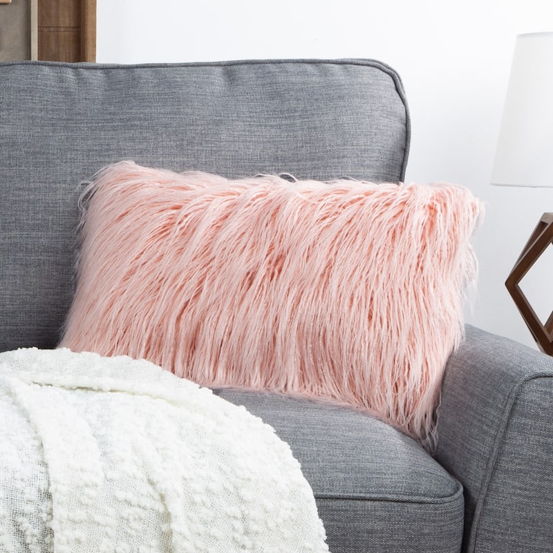 12x20 Inch Plush Lumbar Pillow - Luxury Accent Pillow Insert and Shag Glam Cover Set by Hastings Home - Pink