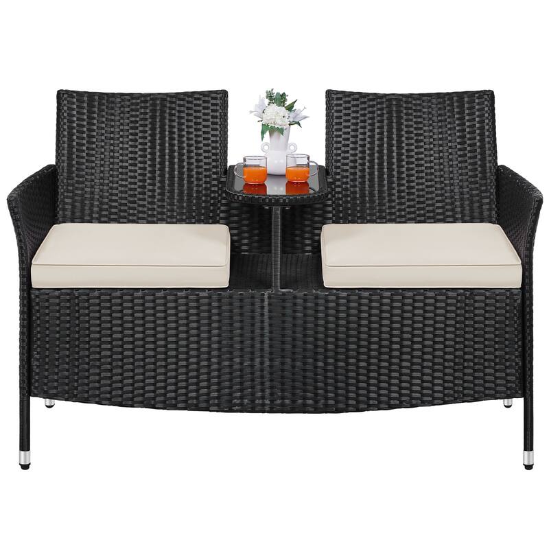 Yaheetech Wicker Patio Conversation Furniture Set for Two People with Side Table and Removable Cushions - Black/Beige