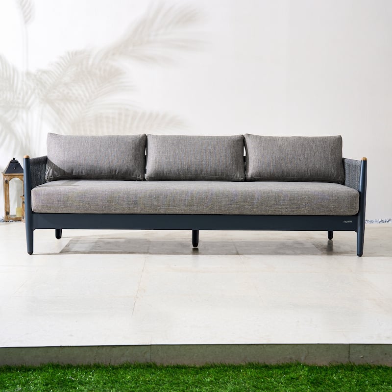 Modern Aluminum Outdoor 3-Seater Sofa with Teak Armrest & Rope Weave, Gray Cushions - Grey