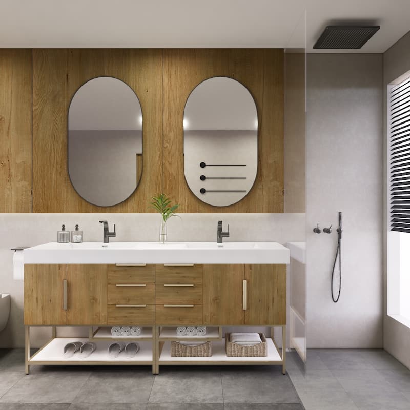 Noble 84" Free Standing Vanity with Reinforced Acrylic Double Sink - 84" Width - Oak