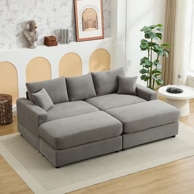 2 Pieces Corduroy Sectional Couch Covers with 2 Pillows, Grey