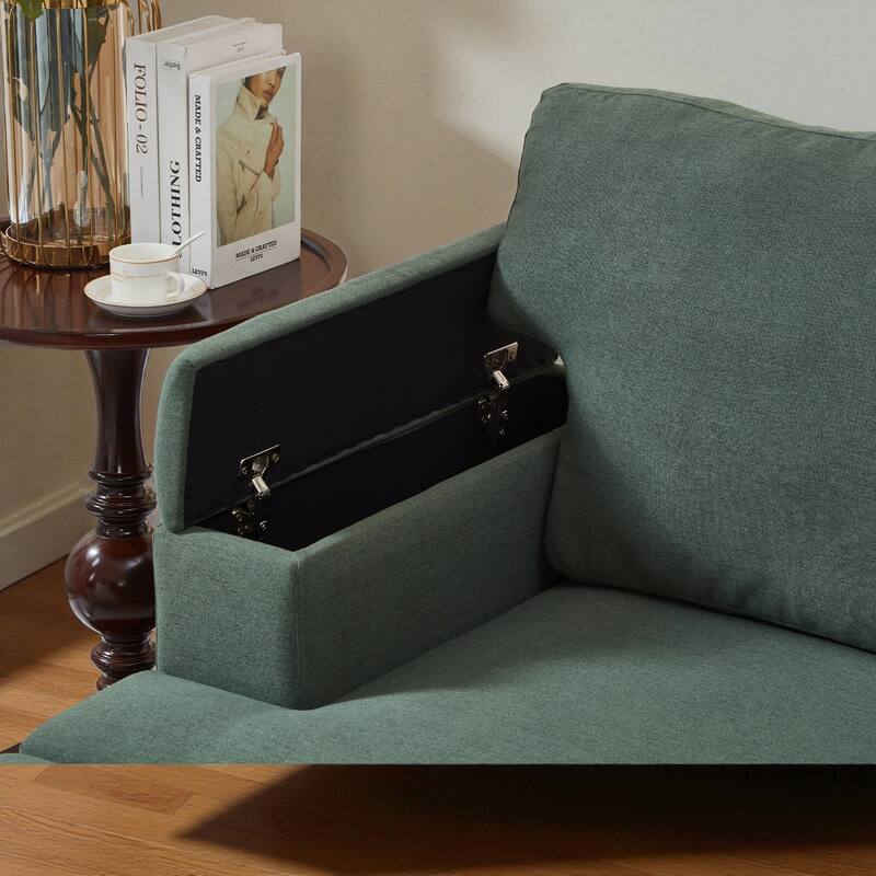 86" L-Shaped Sectional Sofa with Armrest Storage, Movable Ottoman, Thick Cushions, Linen Upholstery for Living Room