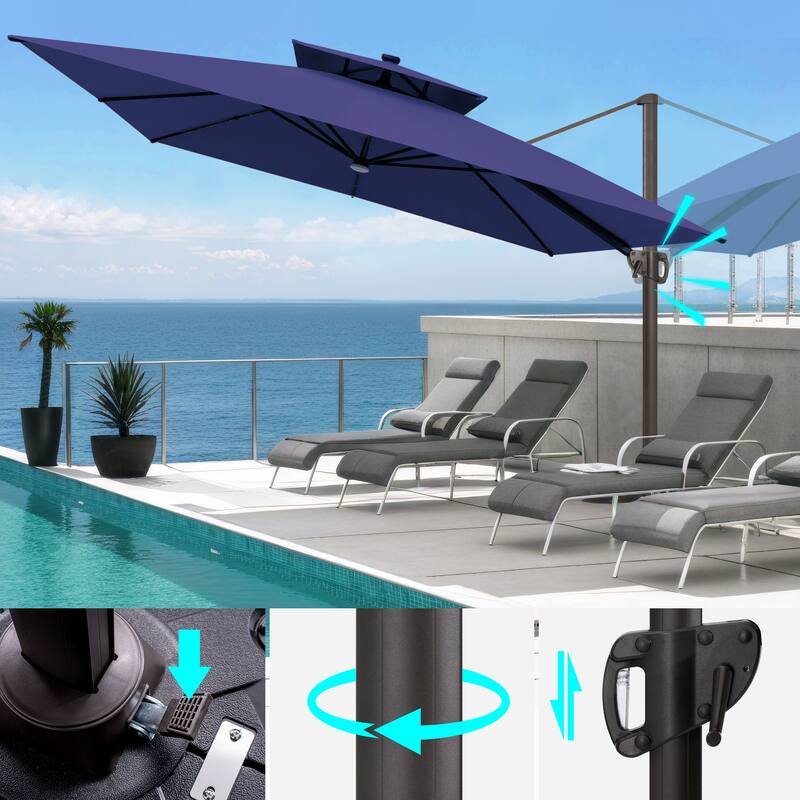 VredHom 11X11 FT Outdoor Square Cantilever Patio Umbrella Aluminum Solar LED Light with HDPE Base