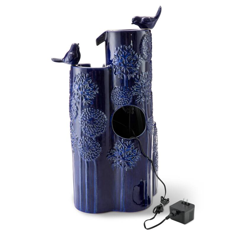 Glitzhome 27" H 4-Tier LED Ceramic Outdoor Floor Fountain with Birds, Cobalt Blue Turquoise Dandelion Texture Vase-Shaped