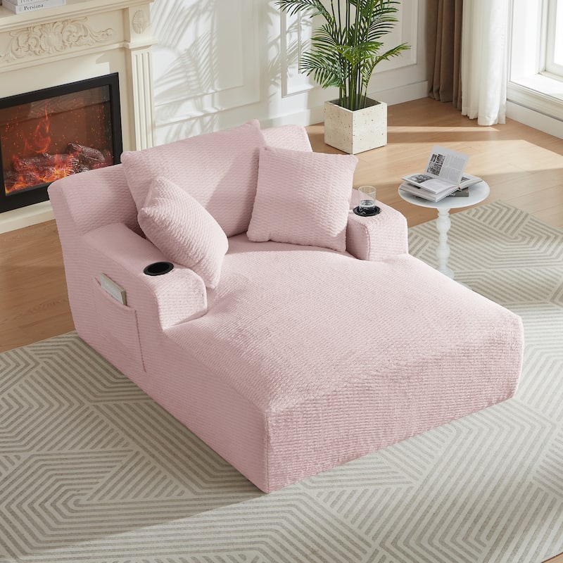 Comfy Sleeper Sofa Single Chaise Lounge w/ Cup Holders & Side Pockets - Pink