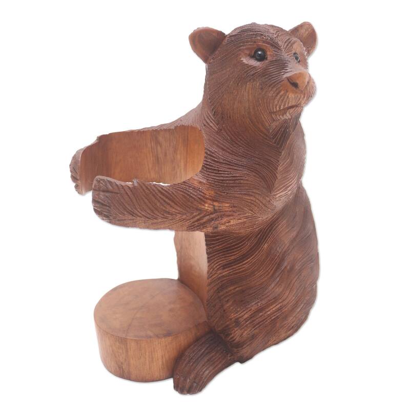 Novica Handmade Polar Bear Hug Wood Wine Bottle Holder