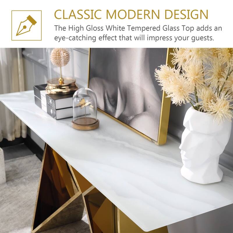 55 inch Rectangle White Glass Console Table with Mirrored M-Shaped Base