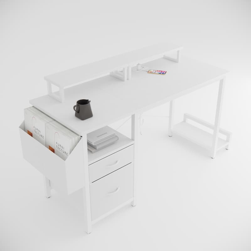 Computer Desk with 2 Drawers & Power Outlets, Gaming Desk with 2 Monitor Stands & Side Pocket, Small Home Office Desk