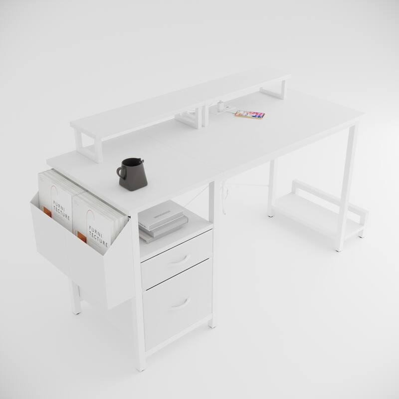 Home Office Desk with Movable Monitor Stands, Adjustable & Reversible Desk with Drawer and Hidden Power Outlets