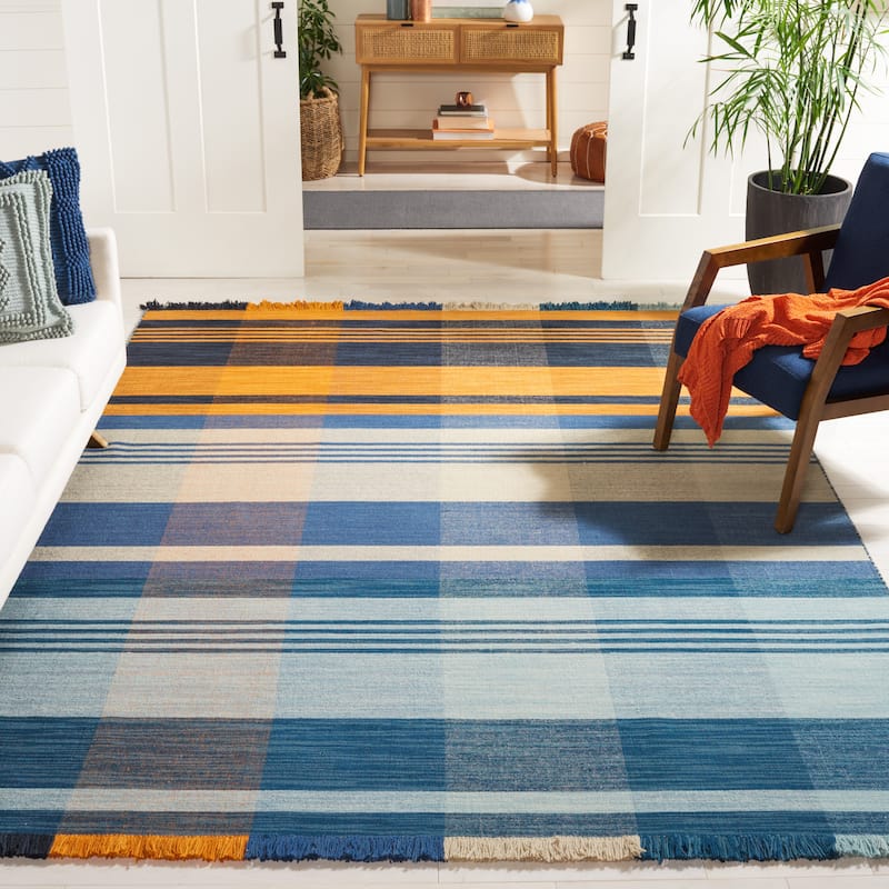 SAFAVIEH Striped Kilim Siofra Wool Fringe Rug - 8' x 10' - Orange/Blue