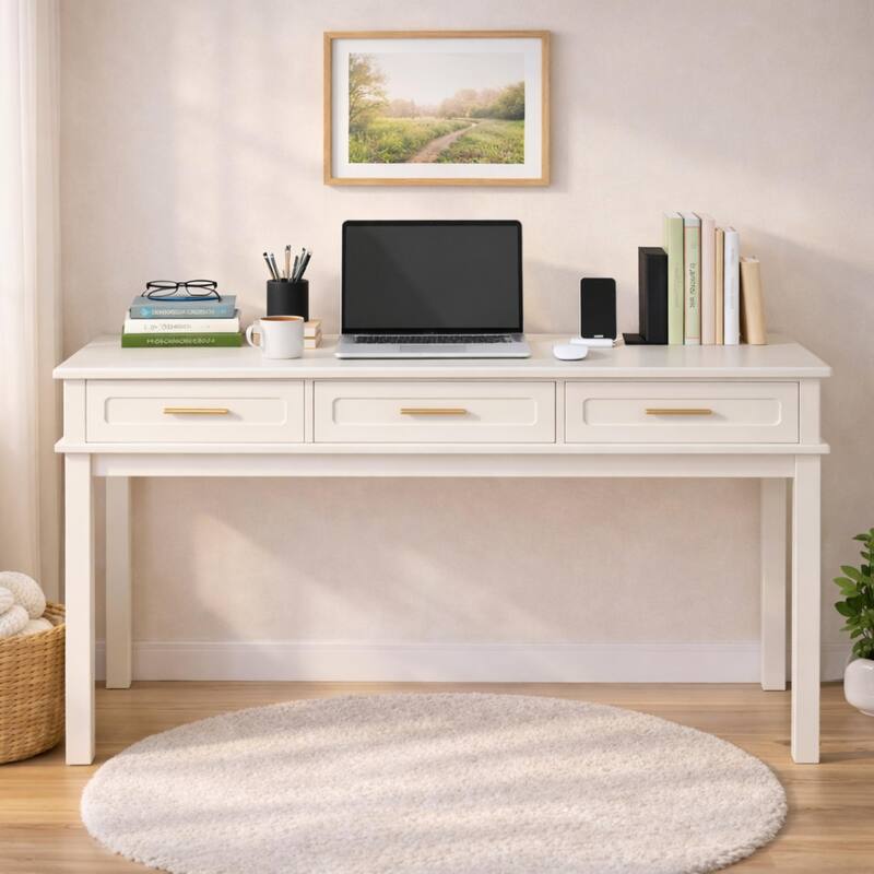 Cream White Vanity Desk with 3 Drawers, Modern Makeup Table or Writing Desk, Multipurpose Dressing Table, No Mirror Included