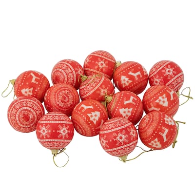 14-Piece Red and White Nordic Decoupage Christmas Ball Ornament Set 2.25" (60mm)