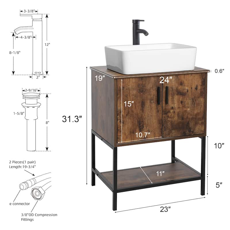 24" Bathroom Vanity Sink Set Brown Free-standing Manufactured Wood with Sink Faucet Drain Combo
